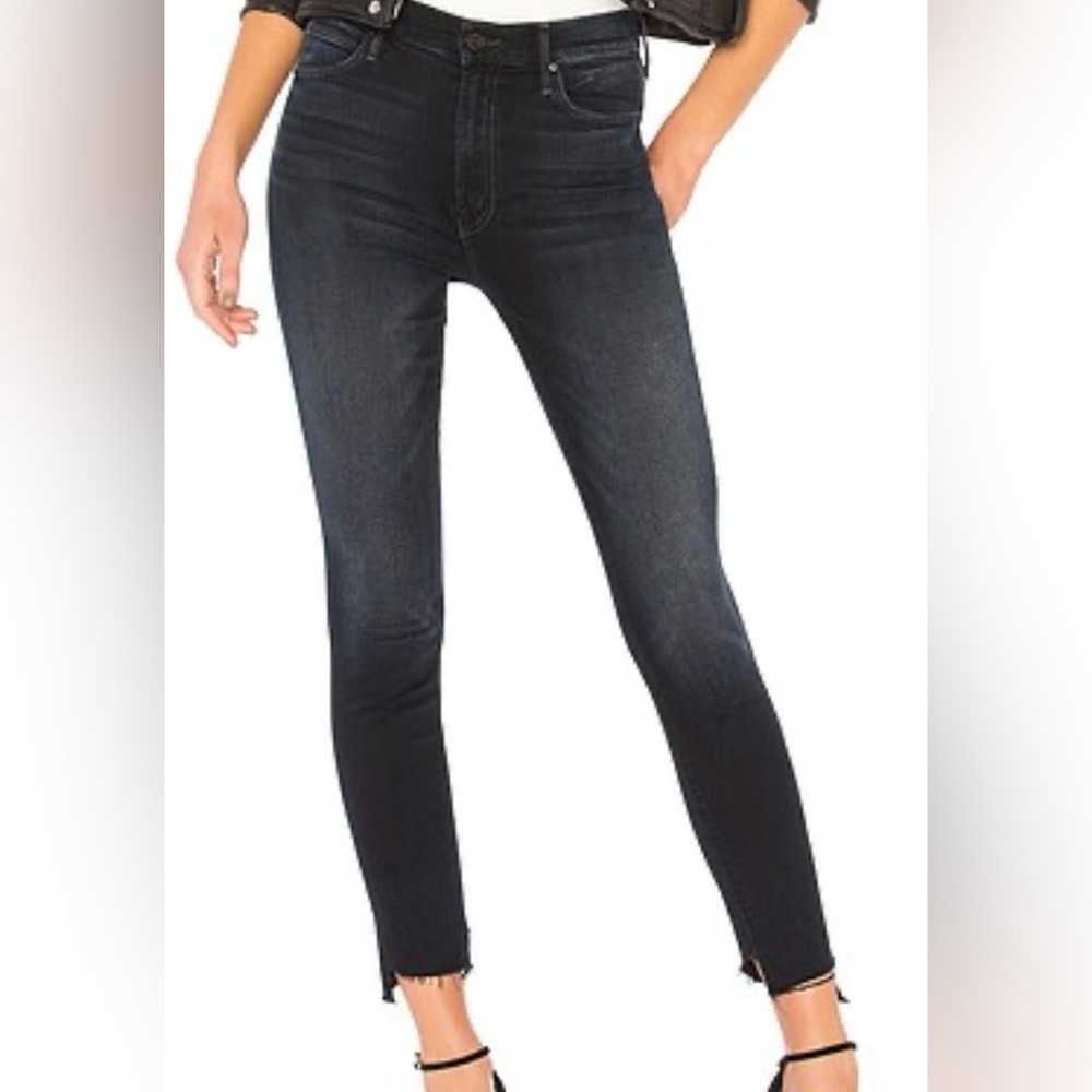Mother The Stunner Zip Two Step Fray High Rise Stretch Dark Skinny Jeans